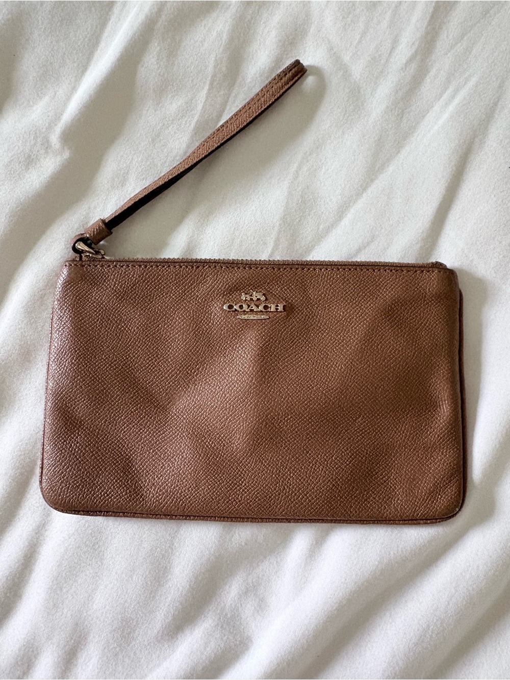 Coach Brown Leather Wristlet Pouch with Gold Logo